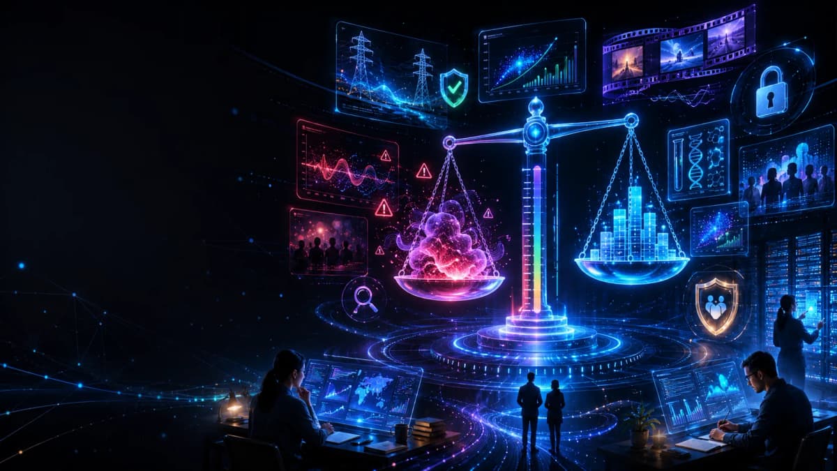 Abstract evidence ledger calibrating AI fear claims against data, rights, safety, labor, and infrastructure signals