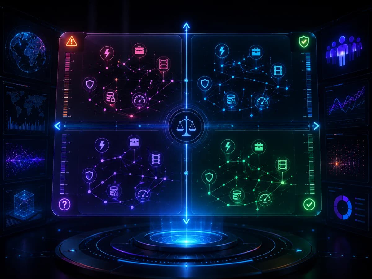 Holographic calibration matrix mapping AI fear claims by evidence strength, uncertainty, magnitude, and timeline