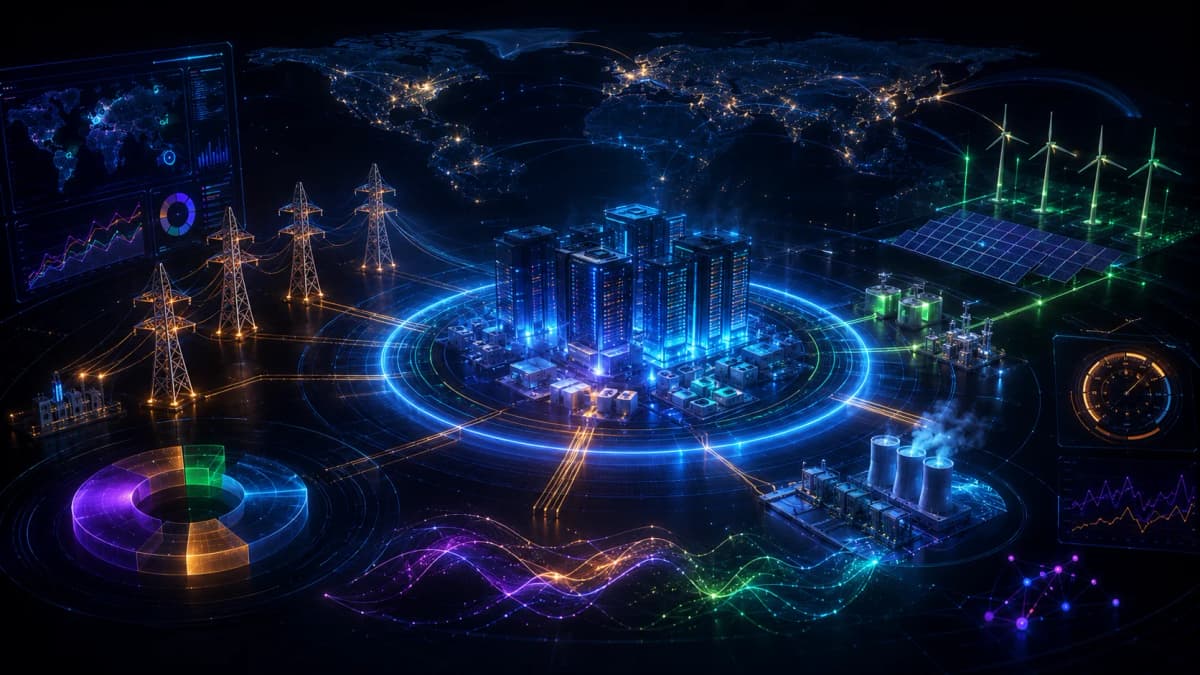 AI data-center energy demand shown as one important load inside a larger grid and clean-energy planning system