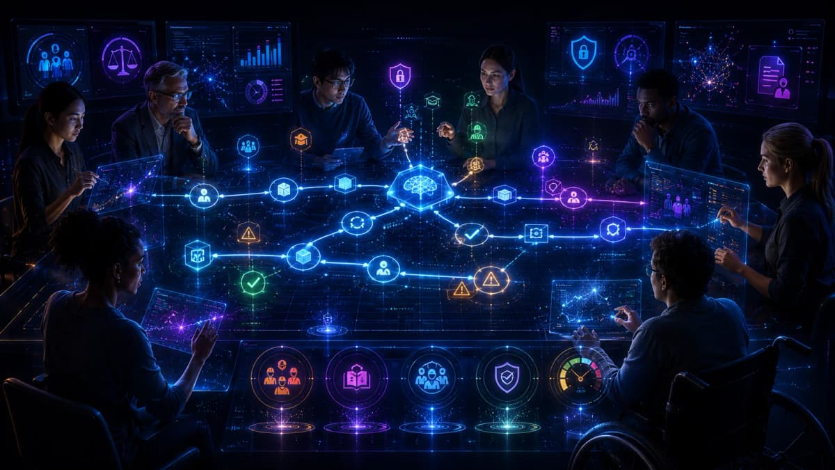 Human-centered AI transformation workflow with people, governance gates, feedback loops, privacy checks, and productivity signals